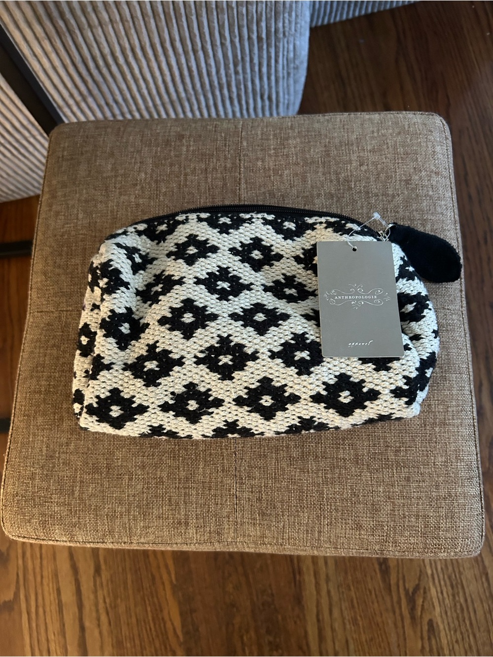 Anthropologie Black and Cream Knit Pouch with Pom Zipper